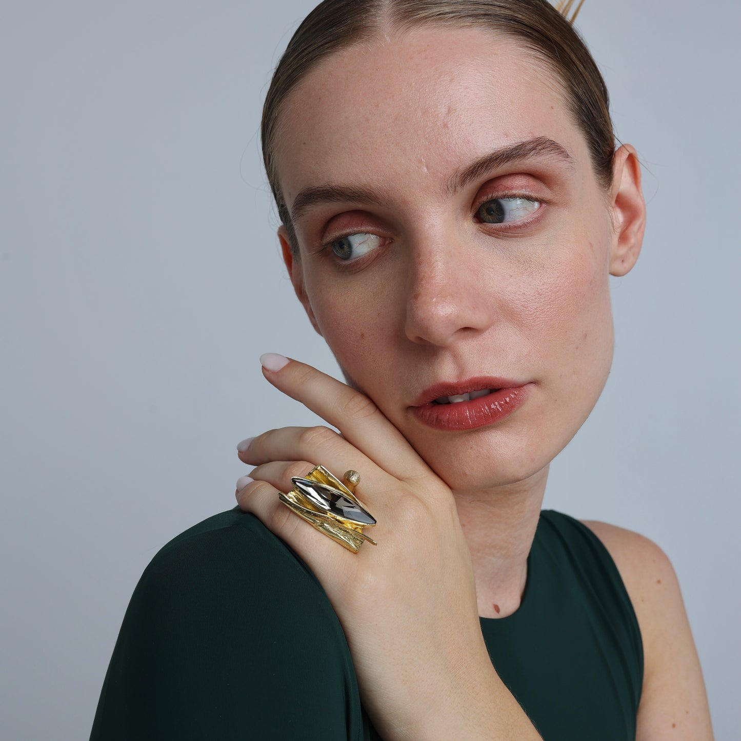 grey almond crystal ring